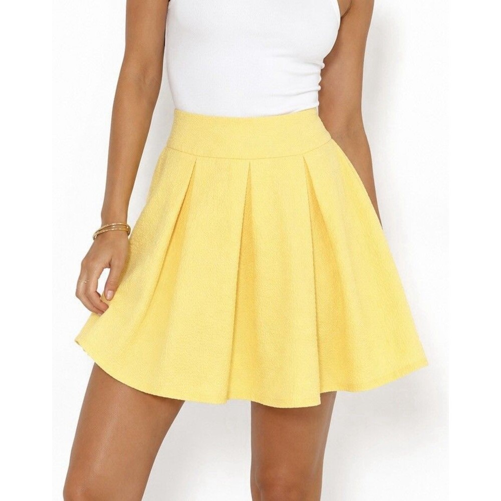 Lauren James Seersucker Pleated Yellow Mini Skirt Sz M